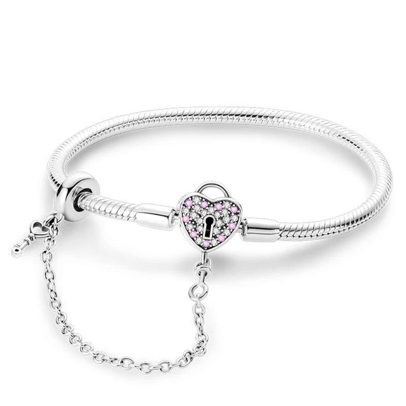 Heart Lock Charm Bracelet with Pink Accents and Safety Chain