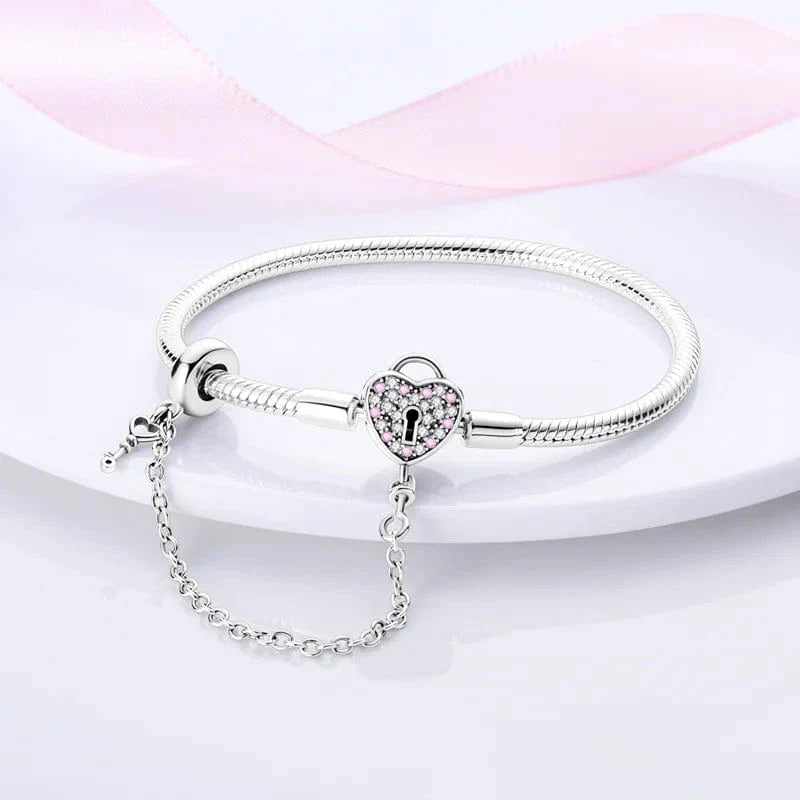 Heart Lock Charm Bracelet with Pink Accents and Safety Chain