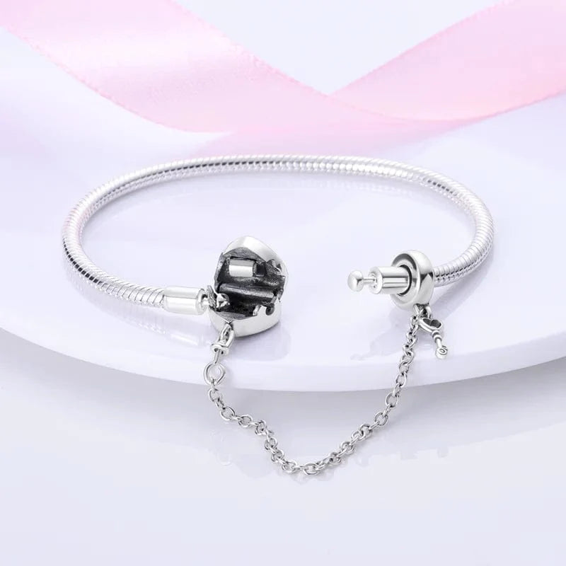 Heart Lock Charm Bracelet with Pink Accents and Safety Chain