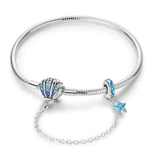 Ocean-Themed Bracelet with Blue Crystal Seashell and Starfish Charms