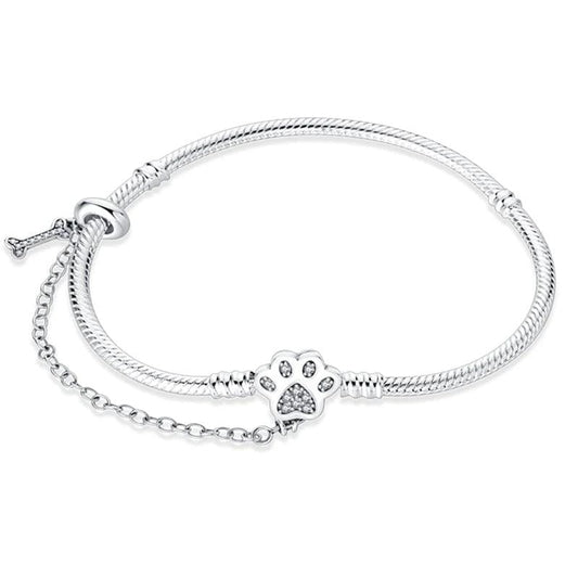 Paw Print Charm Bracelet with Bone and Safety Chain