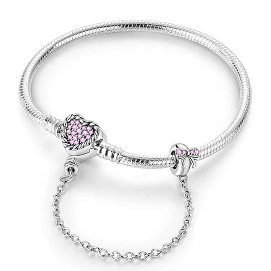 Pink Crystal Heart Charm Bracelet with Bow and Safety Chain