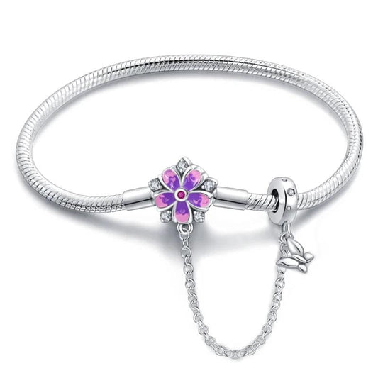 Purple Flower Charm Bracelet with Butterfly Dangle and Safety Chain