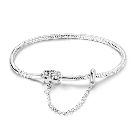 Sterling Silver Bracelet with Sparkling Pavé Clasp and Safety Chain