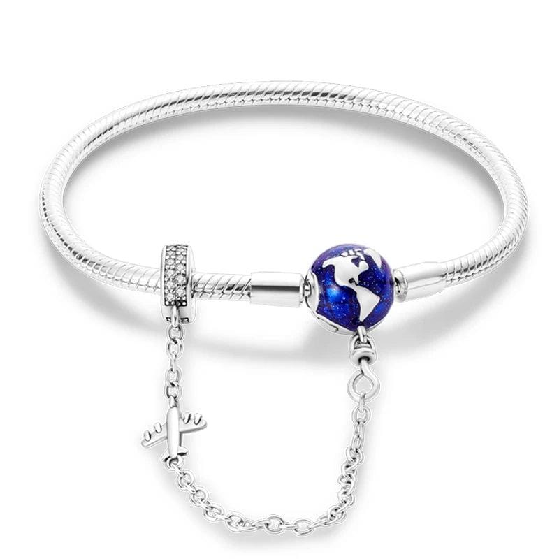 World Globe Charm Bracelet with Airplane and Safety Chain