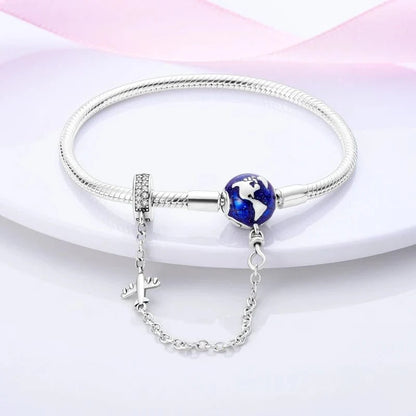 World Globe Charm Bracelet with Airplane and Safety Chain