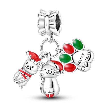 Christmas Kittens "Merry Christmas" Triple Dangle Charm