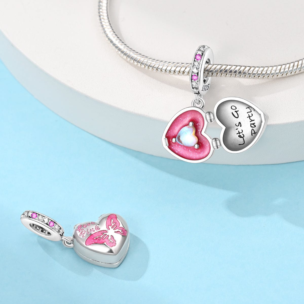 Sparkling Pink Heart Locket with 'Let's Go Party' Inner Heart Charm