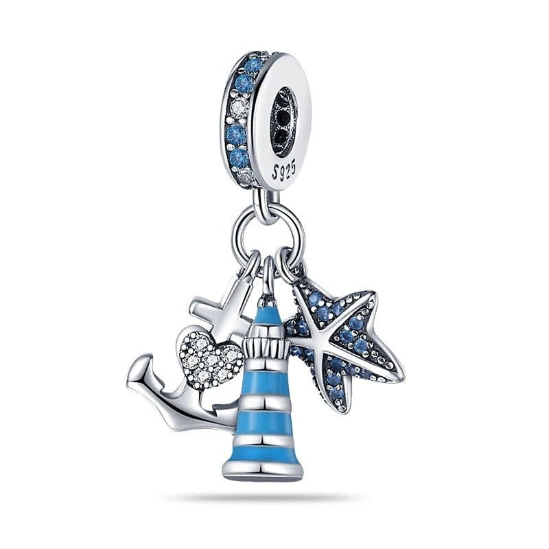 Blue LightHouse with Starfish & Anchor Triple Dangle Charm