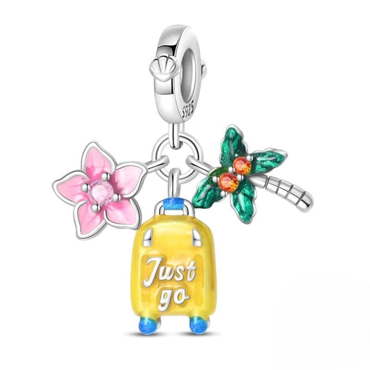 Cherry Blossom, Suitcase & Palm Triple Dangle Charm