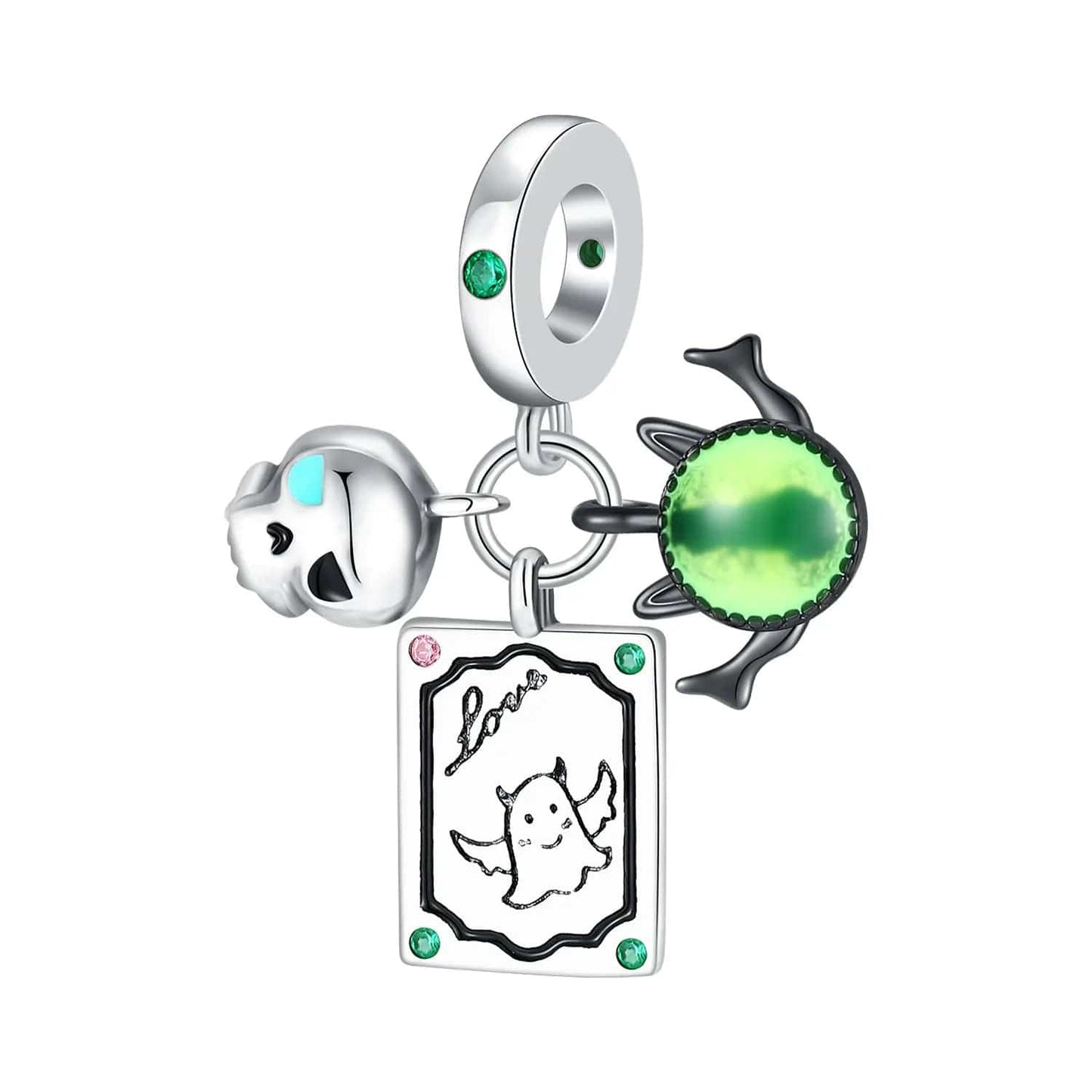 Enchanting Ghost Charm with Skull, 'Love' Token, and Green Gem