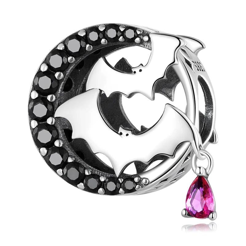 Gothic Nights Charm with Bats and Black Gemstone Moon