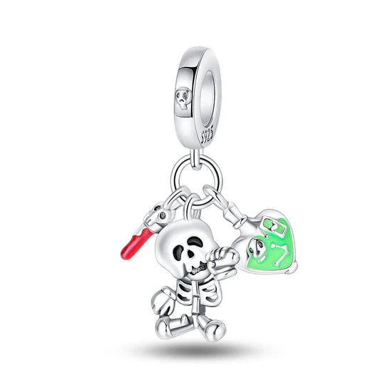 Halloween Skeleton wih Green Heart Triple Dangle Charm