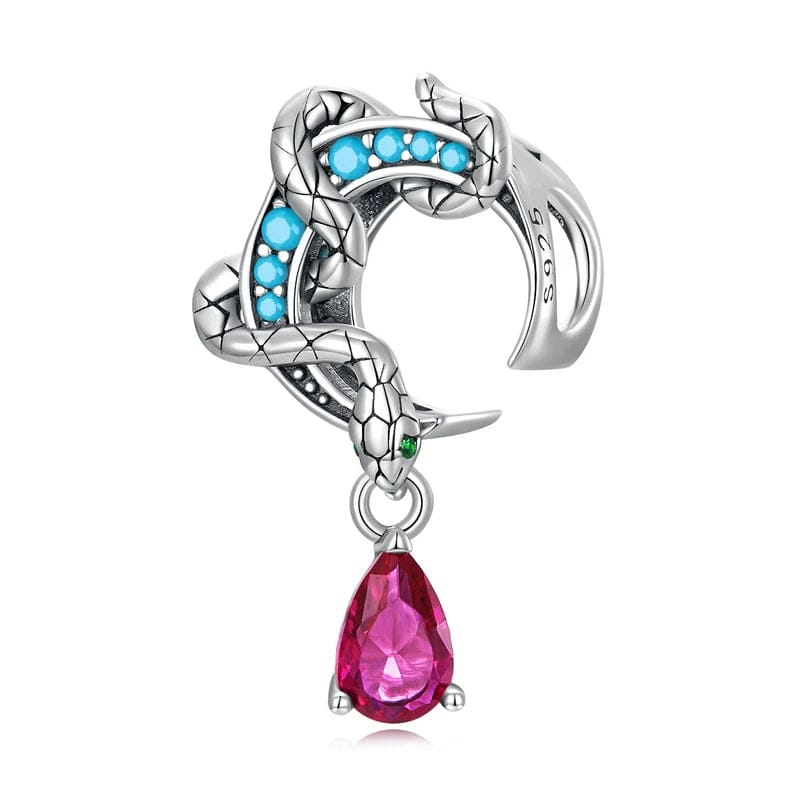 Mystic Serpent and Moon Charm with Turquoise and Ruby Gem