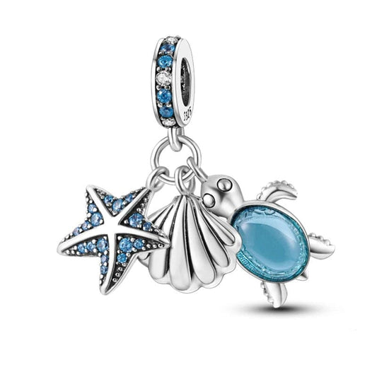 Ocean Starfish Shell and Sea Turtle Triple Dangle Charm