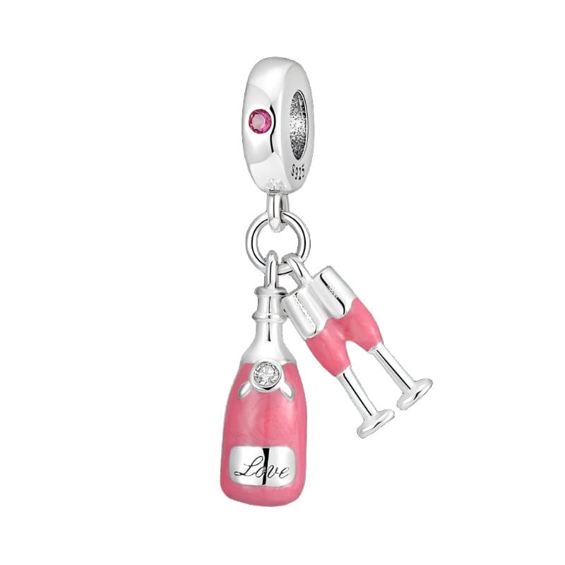 Pink Champagne Bottle and Glasses Celebration Charm