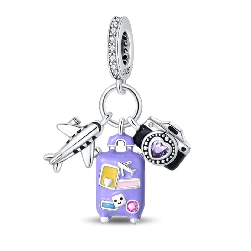 Plane, Camera and Purple Suitcase Triple Dangle Charm