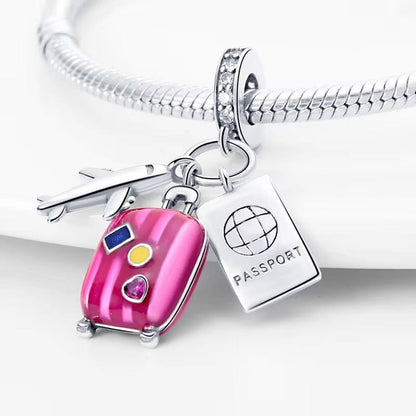 Plane, Passport and Pink Suitcase Triple Dangle Charm