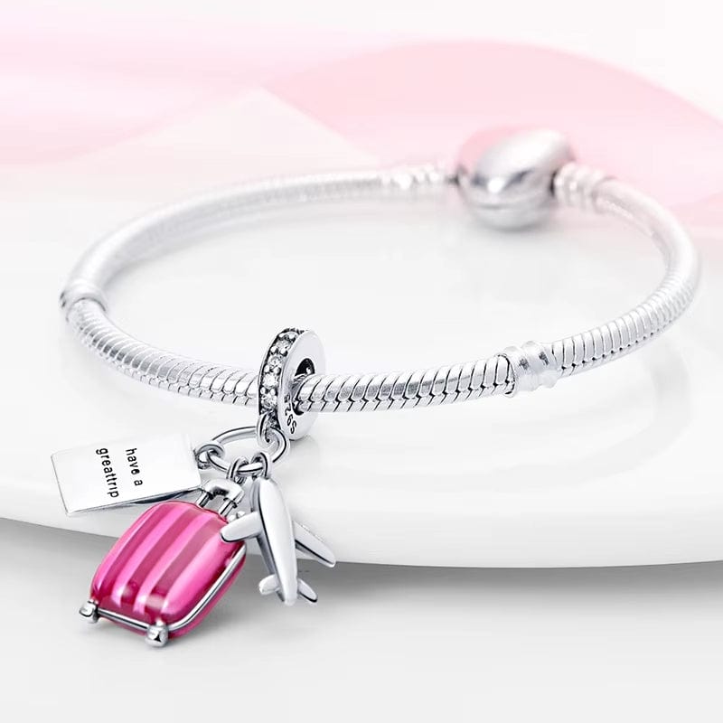 Plane, Passport and Pink Suitcase Triple Dangle Charm