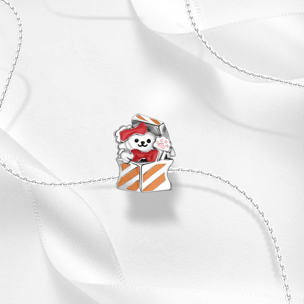 Playful Puppy in Gift Box Charm with Paw Print