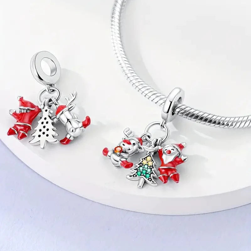 Santa, Reindeer & Christmas Tree Triple Dangle Charm