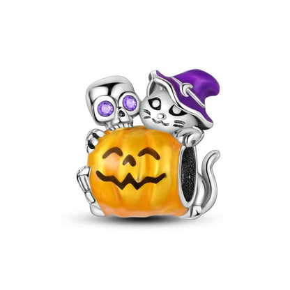 Skeleton & Witch Cat on Pumpkin Charm