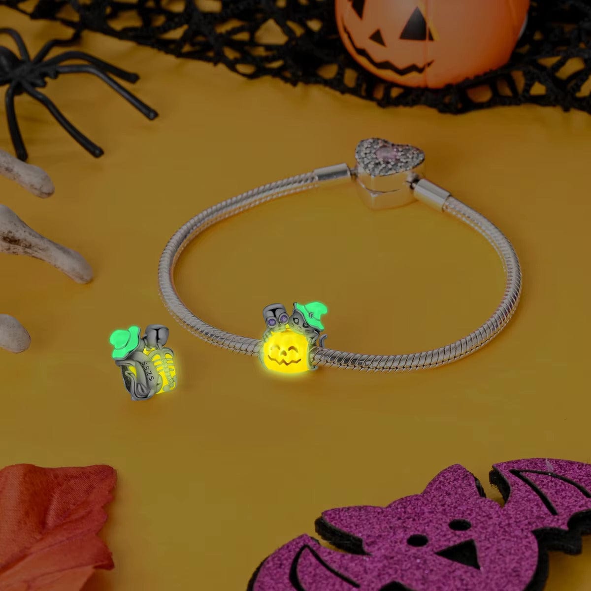 Skeleton & Witch Cat on Pumpkin Charm