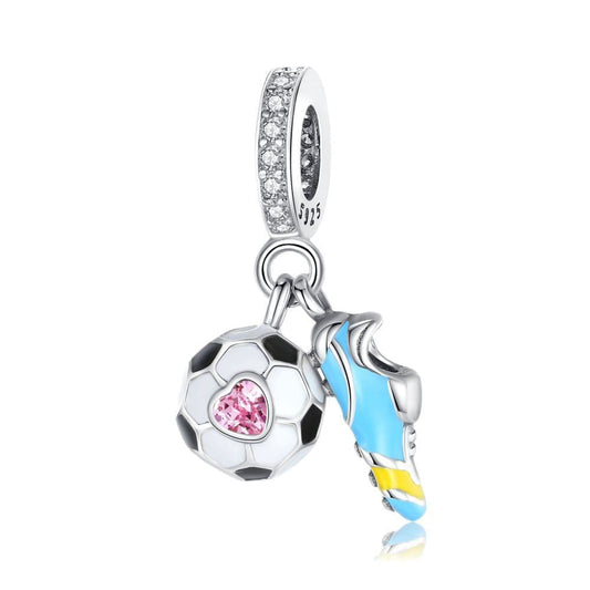 Soccer Ball and Cleat Charm with Pink Gemstone Heart