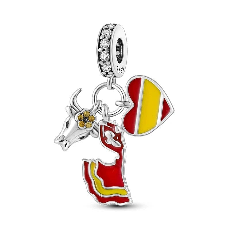 Spain Heart Flag, Flamenco and Bull Dangle Charm