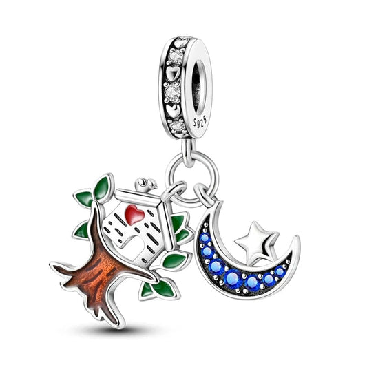 Tree of Life Charm with Birdhouse and Blue Crescent Moon