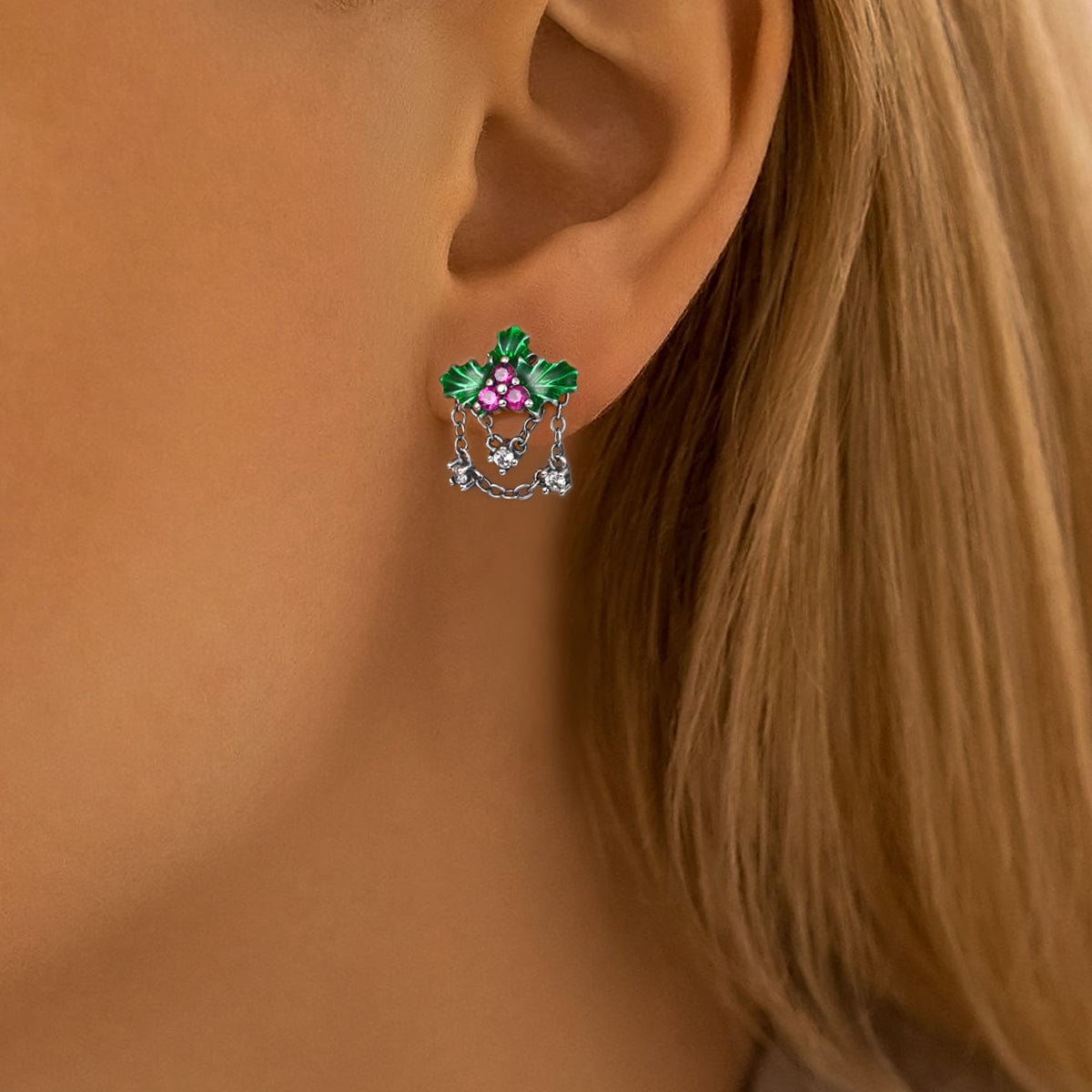 Festive Holly Leaf & Berry Chain Earrings