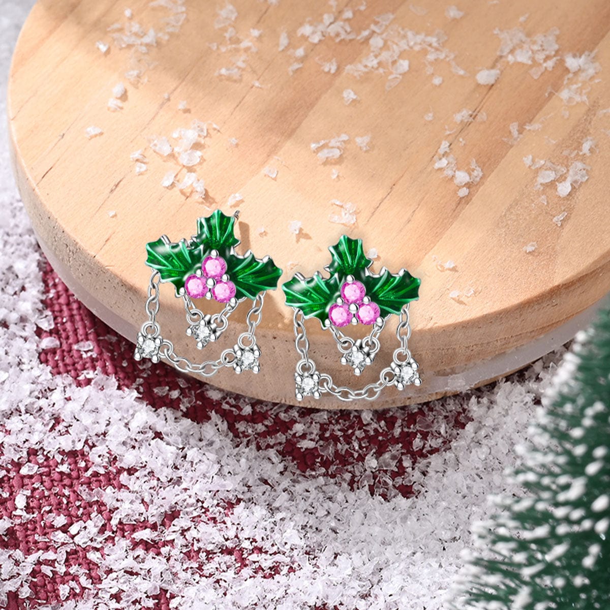 Festive Holly Leaf & Berry Chain Earrings