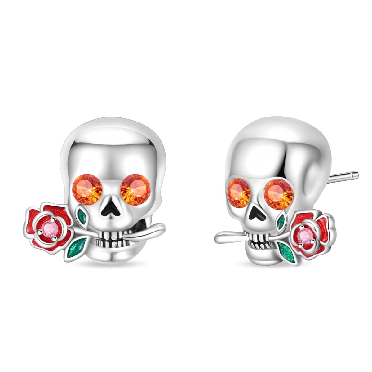 Skull & Rose Crystal Stud Earrings with Enamel Accents