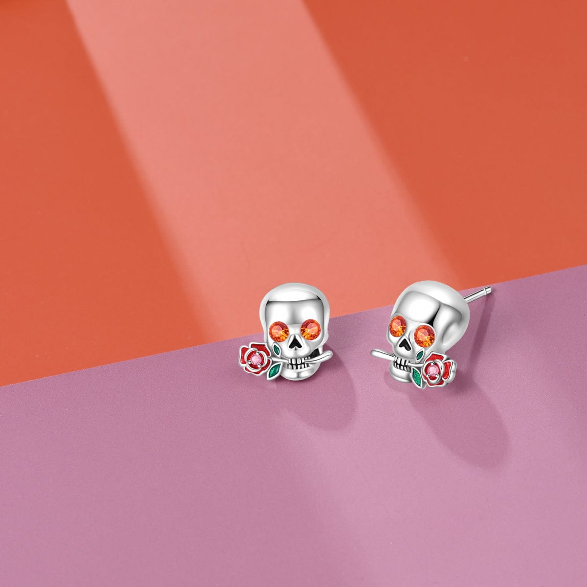 Skull & Rose Crystal Stud Earrings with Enamel Accents