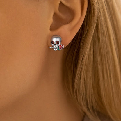 Skull & Rose Crystal Stud Earrings with Enamel Accents