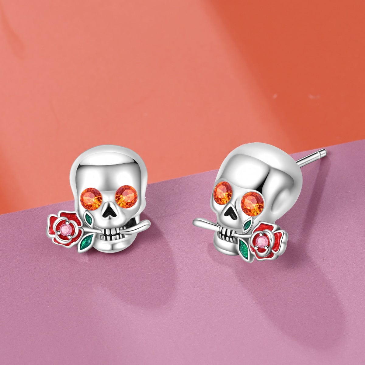 Skull & Rose Crystal Stud Earrings with Enamel Accents